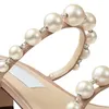 Famous Women Sandals Fashion AMARA 45 mm Pumps Italy Refined Pearls Double Ankle Strap Nude Leather Slingback Design Summer Evening Dress Coarse Heels Sandal EU 35-43