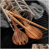 Cooking Utensils Kitchen Large Wooden Spoon Fork Set Bbq Tongs Fruit Food Serving Salad Tools 210326 Drop Delivery Home Garden Dining Dhzc9