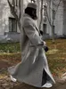 Moletom com capuz masculino elegante mistura de lã cinza casaco longo causal solto bolsos duplos sobretudo 2023 inverno quente oversized lady jaqueta 231207