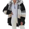 Damenjacken Frauen Wintermantel Warm Patchwork Reißverschlusstasche Nähte Kapuze Kunstpelz Lange Ärmel Strickjacke Furry Slim Lady Fleecejacke 231207