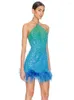 Abiti casual Donna Natale Sexy Backless Halter Celebrity Mesh Paillettes Piuma Blu Mini abiti Elegante abito da sera per feste da club