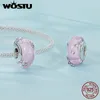 أحجار كريمة فضفاضة Wostu 925 Sterling Silver Fildrent Pink Glass Butterfly Charm Harm Flower Flower Murano Beads Bracelet Bangle Hight