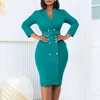 Casual Kleider Elegante Arbeit Bodycon Kleid Frauen Feste Taste Unten Langarm Bleistift Party Midi Mit Gürtel