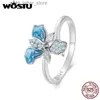 Solitaire Ring Wostu 925 Sterling Silver Big Blue Iris Flower Open Ring Women Luxury Opal Zircon Stackable Statement Rings Wedding Party Gift YQ231207