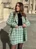 Robe de deux pièces Foridol Double boutonnage Tweed Blazer Manteau Jupe Ensemble Hiver Épais Poches Ceinture Automne Vert Vichy Tricoté Vintage Veste 231207