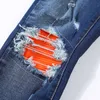 Designer Amirssmens Jeans High Street Blue Collated Orange Leather Double Knee Punch Cut SLP Jeans