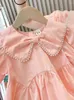 Girl Dresses 2023 Summer O-Neck Solid Mother Kids Pearl Bow Decoration Dress For Girls Puff Sleeve Casual Family Matching Outfits