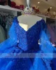 Azul real princesa vestido de baile quinceanera vestidos fora do ombro flores rendas apliques cristais contas doce 16 vestido 322