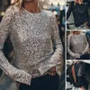 Women's Blouses Women Soft Top Sequin Long Sleeve Party Club Performance T-shirt Blouse For With Hollow Out Back Round Neck