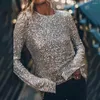 Women's Blouses Sequin Decoration Top Long Sleeve Party Club Blouse Round Neck Hollow Out Back Soft Pullover Shiny Performance