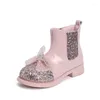 Boots 2024 Girls Versatile Rhinestones Bow With Crown Pink Beige Spring Autumn Kids Fashion Short Low Heels Elegant