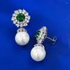 Studörhängen Springlady Elegant 925 Sterling Silver 12mm Pearl Emerald Gemstone Drop Ladies Trendy Vintage Jewelry