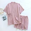 Women's Sleepwear Summer Japanese Couples Pajamas Thin Cotton Gauze Crepe Short Sleeve Shorts Kimono Men and Women Home Clothes 2 Piece Sleepwear 231206