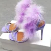 Сандалии фиолетового цвета, очаровательные женские летние туфли-лодочки на высоком каблуке с кристаллами и ремешком для выпускного вечера, туфли-лодочки на шпильке, размер 43, женские сандалии с декором из перьев
