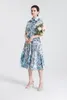 Women's Runway Dresses Turn Down Collar Short Sleeves Floral Printed Sash Belt European High Street Fashion Designer Vestidos