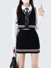 Lässige Kleider Koreanische Mode 3 Stück Set Rock Frau Uniform Pullover Weste Weißes Hemd Slim Bodycon Mini Strickanzug 2023 Herbst