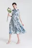 Women's Runway Dresses Turn Down Collar Short Sleeves Floral Printed Sash Belt European High Street Fashion Designer Vestidos