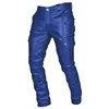 Pantalones para hombres Moda Motocicleta Hombres Cuero de imitación Botón de pierna ancha Botón de bolsillo grande Color sólido Pantalones casuales Ropa masculina hermosa