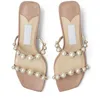 Famous Women Sandals Fashion AMARA 45 mm Pumps Italy Refined Pearls Double Ankle Strap Nude Leather Slingback Design Summer Evening Dress Coarse Heels Sandal EU 35-43