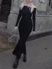 Повседневные платья, женское длинное облегающее платье, темный стиль, готический однотонный свитер с капюшоном и рукавами-рыбий хвост, свитер с открытыми плечами