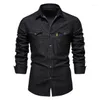 Camisas casuais masculinas camisa jeans slim fit com bolso