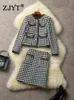 Vestido de dos piezas ZJYT Conjuntos de pata de gallo vintage 2 para mujer Traje 2023 Manga larga Tweed Chaqueta de lana Traje de falda Elegante Oficina Dama 231207