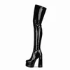 Bottes Pole Dance Talon Épais Etanche Plateforme Cuir Verni Tête Ronde Haute Blanc Longueur Genou Grand Femme 45