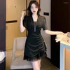 Party Dresses Summer Black Patchwork Lace Ruffled Sexy Mini Dress Women Korean Vintage Hepburn 2023 Elegant BodyCon Casual Evening