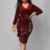 Casual Dresses Women Spring Dress Sparkling Sequin V-hals Mini för Slim Belted midja 3/4 ärmar Party Ready Spring/Autumn Fashion