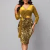 Casual Dresses Women Spring Dress Sparkling Sequin V-hals Mini för Slim Belted midja 3/4 ärmar Party Ready Spring/Autumn Fashion