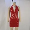 Robes décontractées Femmes Sexy Club Wear Brillant PVC Cuir Halter Mini Latex Crayon Paquet Hanches Robe Moulante Jupe Performance Costume De Danse