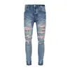 designer amirssNew Blue Jeans Pink Brick Perforated Mens Slim Fit Jeans