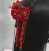 Klipsy do włosów Barrettes 1pcs wino czerwona ręka w stylu japoński w stylu kimono do włosów sakura tassel kanzashi hanfu yukata akcesoria panny młodej 231207