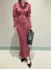 Casual Dresses Elegant Knit V-hals Robe Puff Sleeve Vestidos Women Single Breasted Slim Fit Kvinna 2023 Japanese Chic Mujer Fishtail Dress