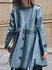 Women's Jackets Lautaro Spring Autumn Classy Blue Faux Leather Trench Coat for Women Belt Elegant Luxury Designer Clothes Runway Fashion 231207