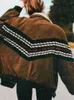Korki damskie płaszcze swobodne patchwork z długim rękawem płaszcz lambowola parkas luźne guziki bawełny brązowy w paski jesienne zimowe streetwear żeń