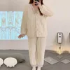 Mulheres sleepwear rendas mulheres pijamas conjunto de lã inverno 2 peça calça casa terno fofo branco bonito quente coreano sólido noite desgaste