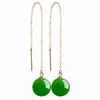 Dangle Brincos Natural Um Jade Jasper Rodada Bead Earline Feminino 18K Ouro Com Espinafre Verde Jóias