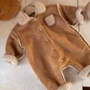 Rompers 7403 Baby Jumpsuit 2023 Autumn Winter Retro Suede Thick Lambool Clothing Warming 231207