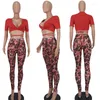 Women's Two Piece Pants Sexy Party Club Pant Sets Womens 2 Outfit Set Rave Festival Lace-up Crop Top And Leopard Legging Matching Tracksuit