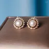 Stud Earrings Natural Freshwater Pearl 14K Gold Inlay Zircon Leaf Silver Needle