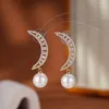 Pendientes colgantes SENYU, moda, luna creciente, gota pavimentada, Zirconia cúbica para mujer, joyería nupcial de boda, pendiente de perla de bola blanca