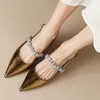 Sandales Or Argent Talons Bas Femmes 2023 Été Brillant Cristal Sangles Bout Pointu Femme Slingbacks Pompes Dames Chaussures