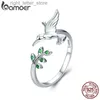 Solitaire Ring Bamoer 925 Sterling Silver Spring Tree lämnar Bird Open Ring Green Zircon Justerbar fingerring för kvinnor Fina smycken SCR323 YQ231207