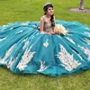 Emerald Green Shiny Ball Gown Beaded Quinceanera Dress Princess Corset Dresses Appliques Lace Vestidos De 15 Anos