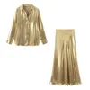 Vestidos de trabajo 2024 Primavera Verano Mujeres Metálico Conjunto de 2 piezas Sparkle Golden Lapel Manga larga Camisa elegante Top A-Line Falda de media longitud Traje