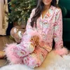 Women's Sleep Lounge 2 Piece Pyjama Set Plaid Floral Print Homesuit Chic Feather Long Sleeve Lapel Button Up Shirt Topps Pants Sleepwear Set 231207