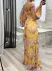 Basic Casual Dresses 2023 V Neck Sexy Split Maxi Dress Spring Autumn Loungewear Fashion Party Long Sleeve Folds Printing Ladies Holiday 231207