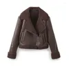 Women's Jackets YENKYE Women Vintage Brown Faux Shearling Cropped Biker Jacket Lapel Collar Long Sleeve Female Warm Coat