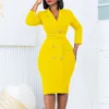 Casual Kleider Elegante Arbeit Bodycon Kleid Frauen Feste Taste Unten Langarm Bleistift Party Midi Mit Gürtel